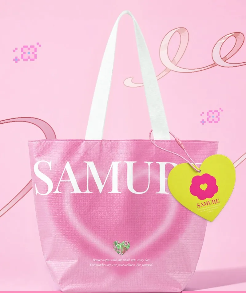 SAMURE 로고와 하트 태그가 달린 핑크 오브제백